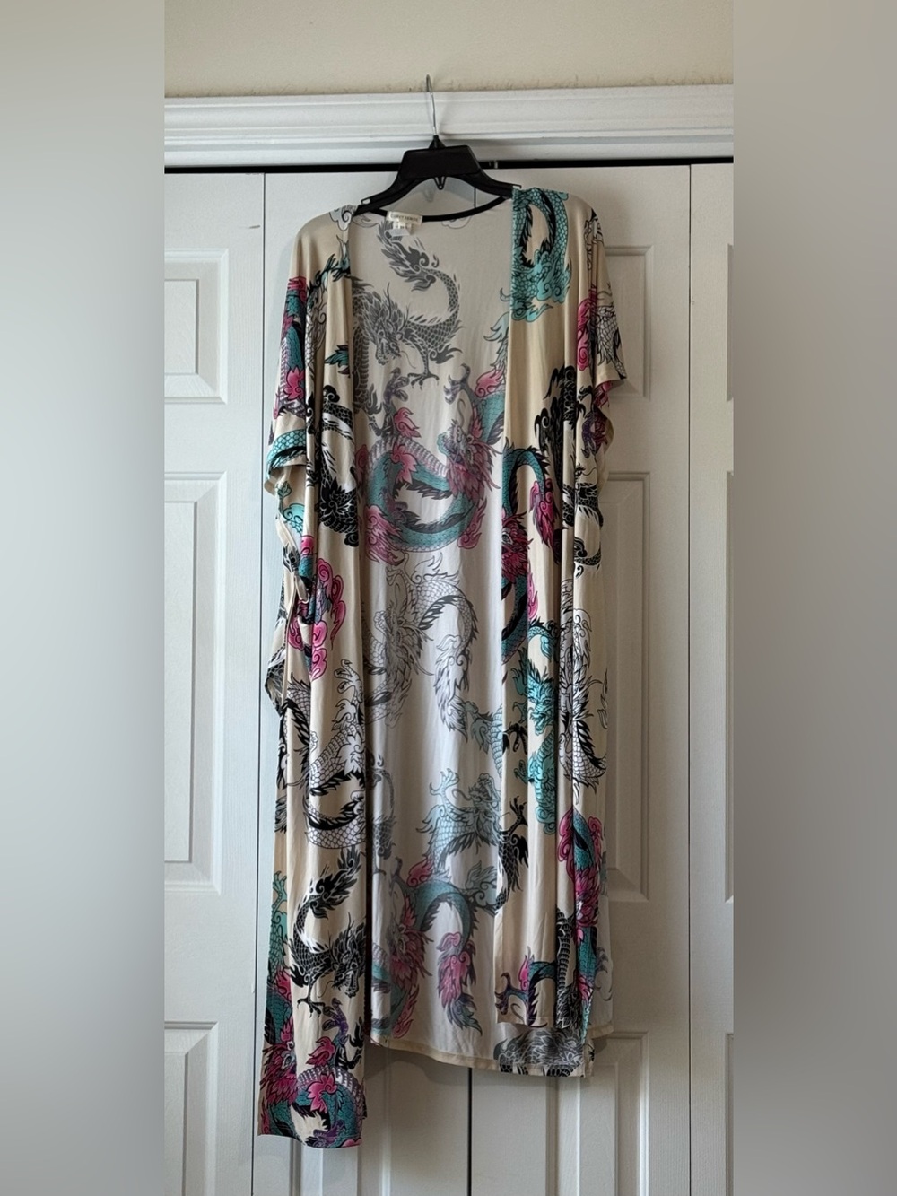 Cream Dragon Print Kimono Dress - Unbranded